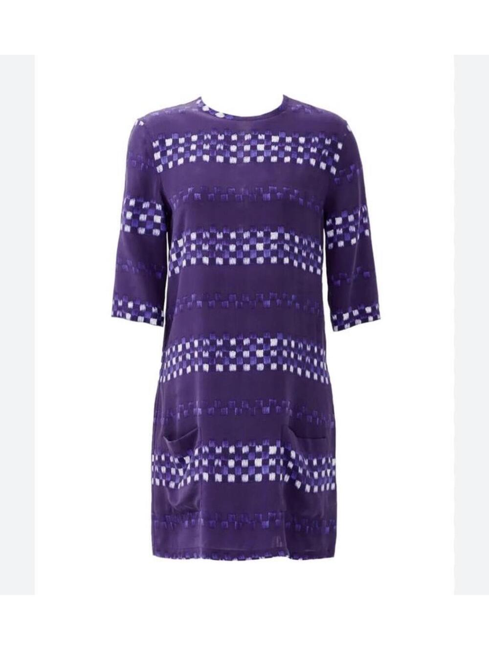 Excellent Equipment Purple Patterned Short Sleeve Aubrey 100% Silk MIDI Dress sz
